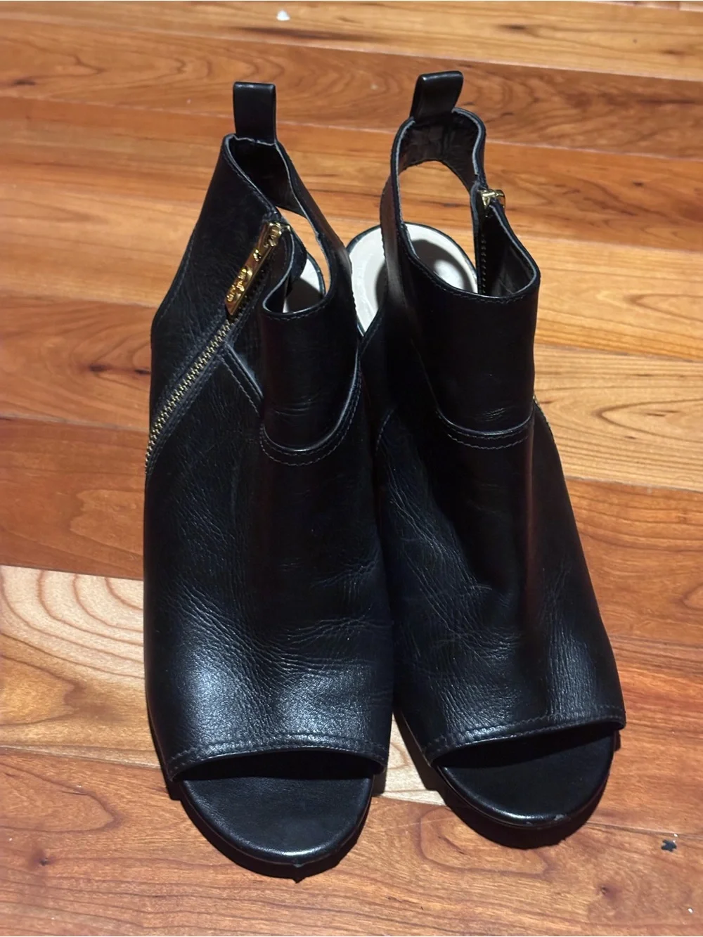 Cole Haan Black Leather Open-Toe Mule Clogs with Gold Zip
